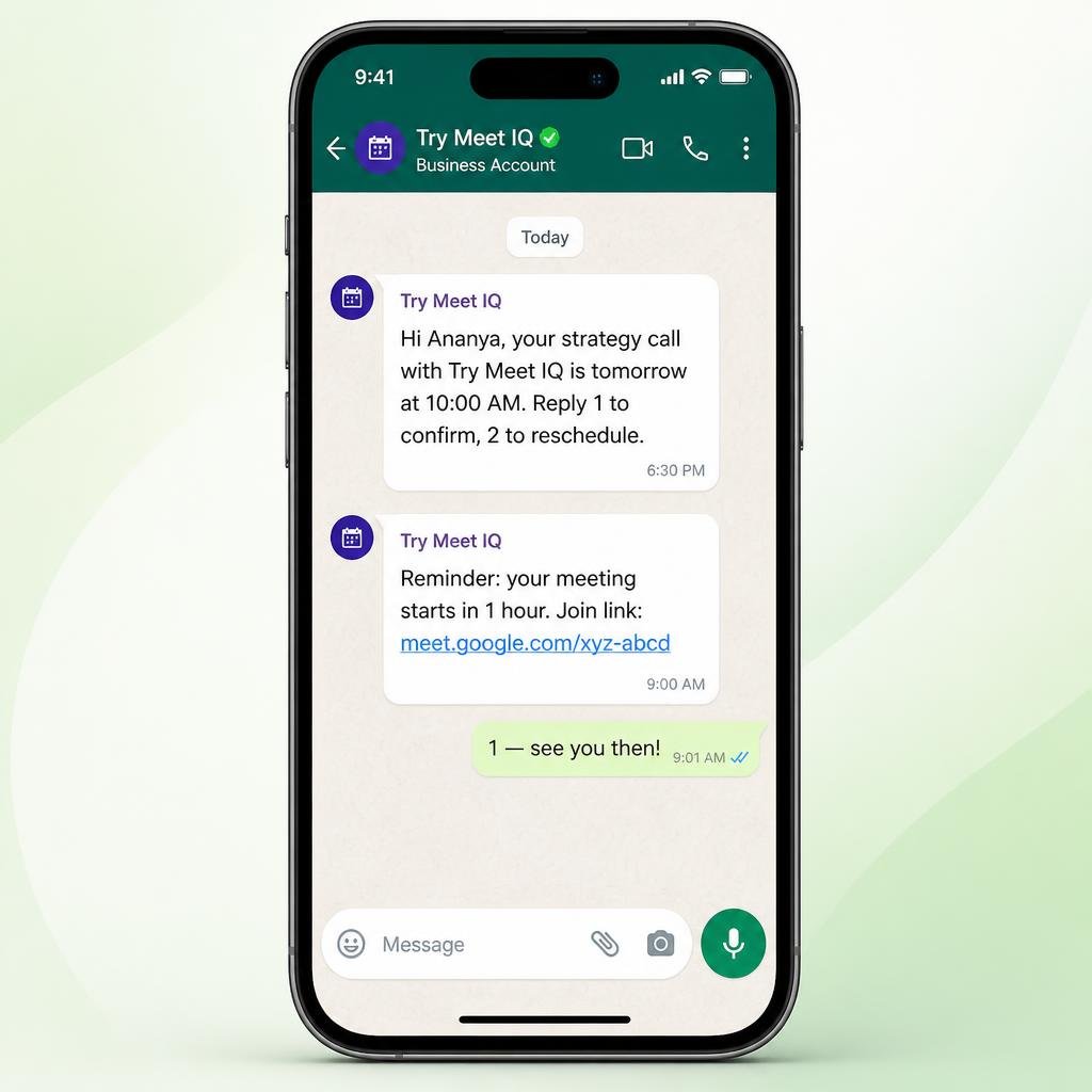 WhatsApp reminder showing a meeting confirmation and 1-hour reminder on a phone